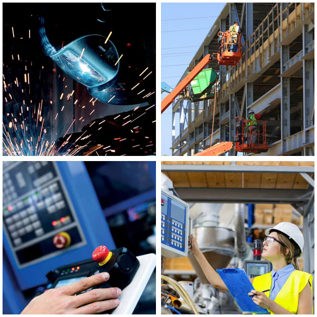 Een collage van vier beelden: een lasser, monteerder, mechanische vormgeving en technieker
